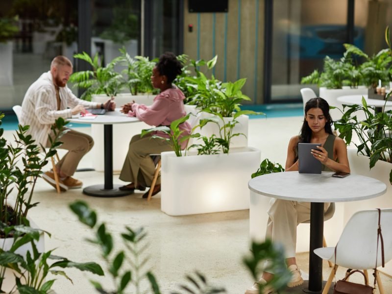 Wide angle shot of woman using tablet while sitting at table in cafe of office building. Business people working in cozy cafe featuring modern biophilic design
